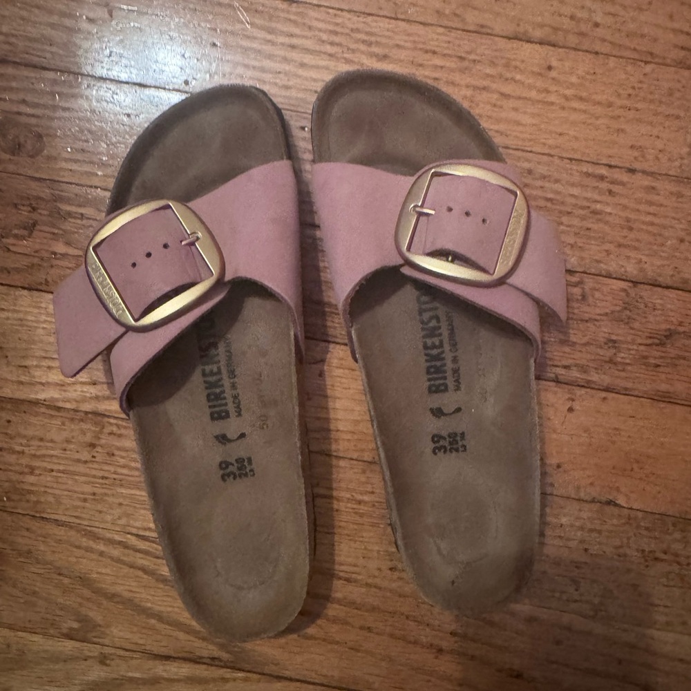 Birkenstock Madrid Single Strap Sandals in Mauve with Gold Buckles